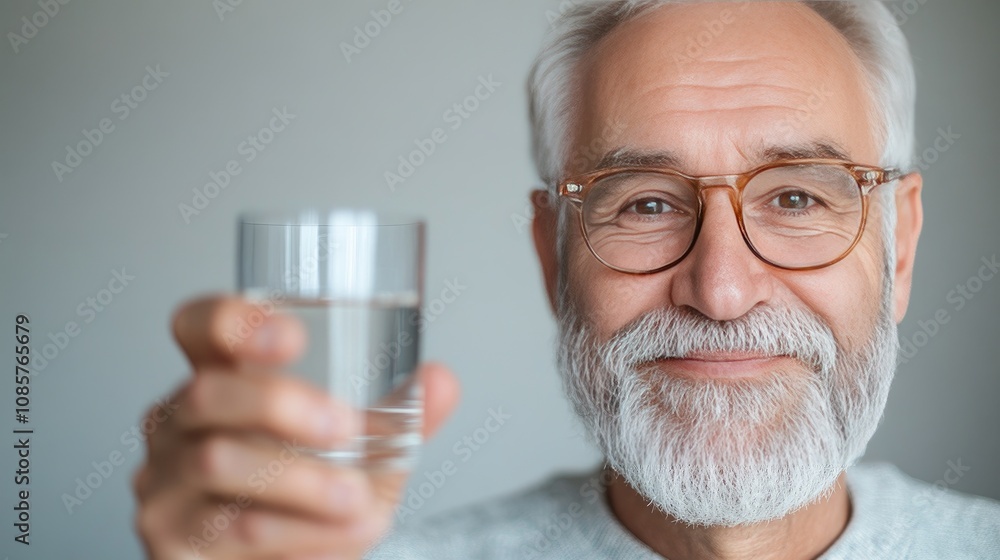 Happy senior man enjoying a refreshing glass of water at home in soft light, capturing a joyful moment of everyday life Happy senior man enjoying a refreshing glass of water at home in soft light, capturing a joyful moment of everyday life