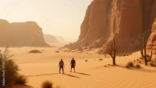 Desierto paisaje desértico. Desierto cinematico. Dos hombres mirando al desierto.