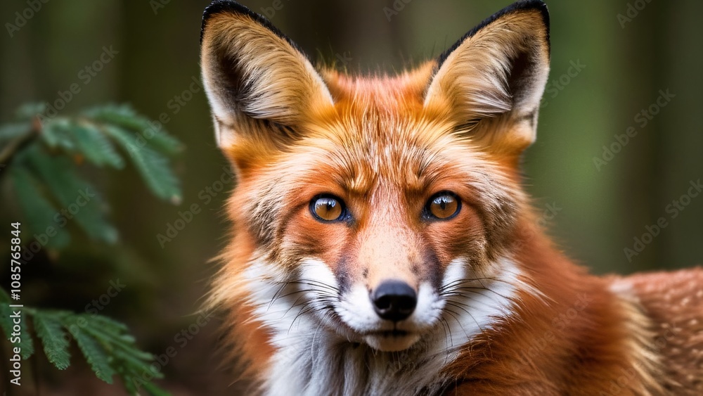 Fototapeta premium Close-Up of a Curious Red Fox in Woodland Setting