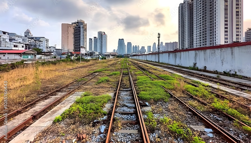 Abandoned Railway Tracks with Overgrown Vegetation Surrounded by Urban Skyline in a Modern Cityscape during a Golden Hour Sunset Abandoned Railway Tracks with Overgrown Vegetation Surrounded by Urban Skyline in a Modern Cityscape during a Golden Hour Sunset
