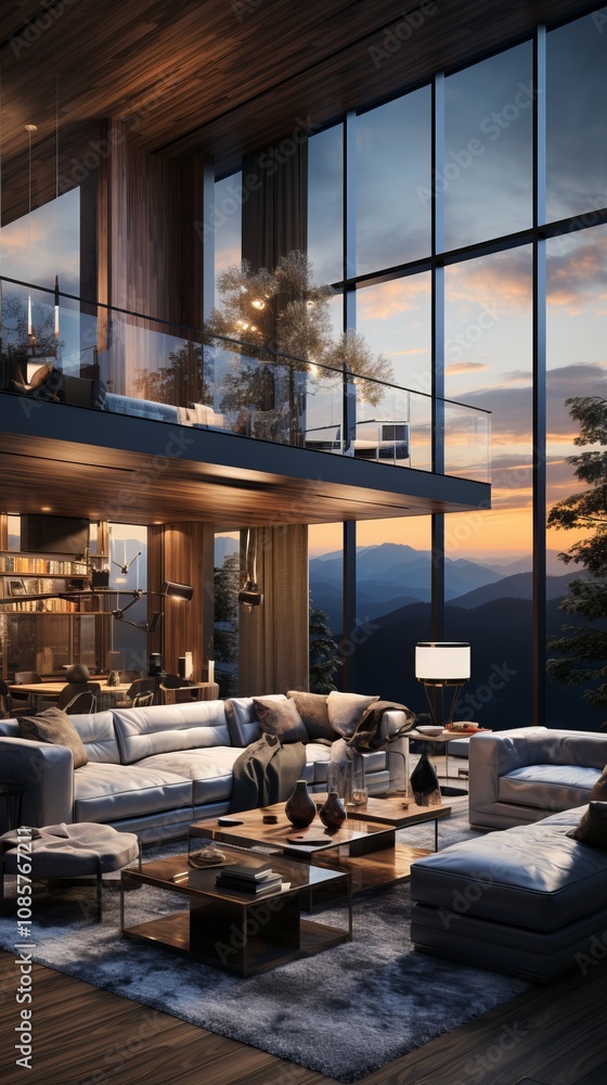 Luxurious living room with floor-to-ceiling windows overlooking a mountain sunset, modern furniture, warm lighting, and an open loft design.