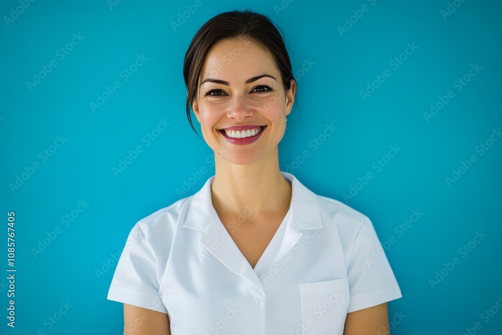 Confident doctor in white uniform smiles against bright blue background, exuding professionalism Confident doctor in white uniform smiles against bright blue background, exuding professionalism