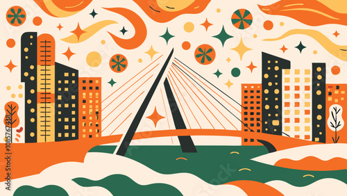 Panoramic Ponte Estaiada Brigde in Sao Paulo Brazil Stylized Vector Illustration Magical Fun Mood