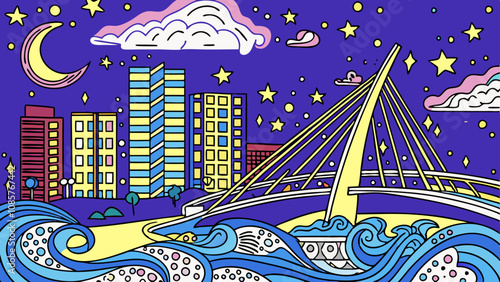 Panoramic Ponte Estaiada Brigde in Sao Paulo Brazil Stylized Vector Illustration Magical Fun Mood