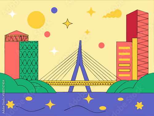 Panoramic Ponte Estaiada Brigde in Sao Paulo Brazil Stylized Vector Illustration Magical Fun Mood