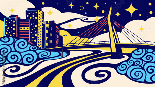 Panoramic Ponte Estaiada Brigde in Sao Paulo Brazil Stylized Vector Illustration Magical Fun Mood