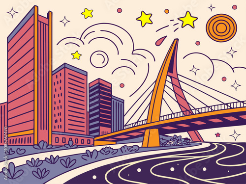 Panoramic Ponte Estaiada Brigde in Sao Paulo Brazil Stylized Vector Illustration Magical Fun Mood