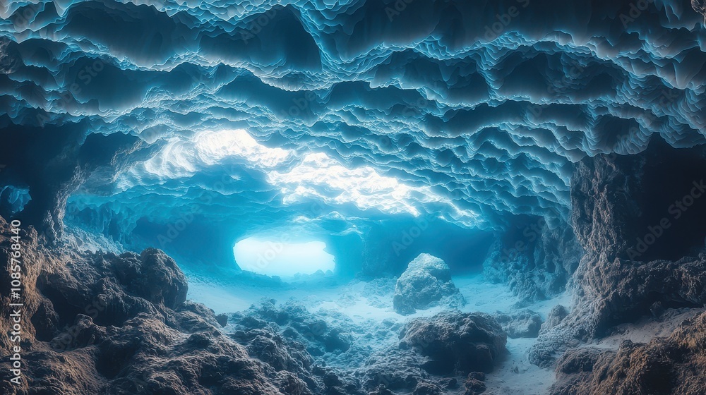 A vibrant underwater cave glowing with gradient waves of light rippling across its walls and ceiling. The surreal lighting enhances the mystery and depth of the aquatic environment. A breathtaking A vibrant underwater cave glowing with gradient waves of light rippling across its walls and ceiling. The surreal lighting enhances the mystery and depth of the aquatic environment. A breathtaking