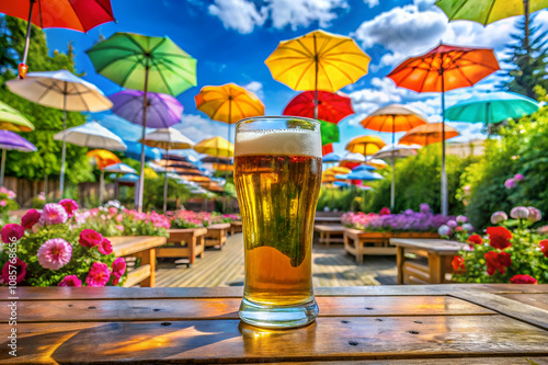 a pint of beer A refreshing beer sits on a wooden table under colorful umbrellas, surrounded by vibrant flowers in a sunny outdoor setting.
