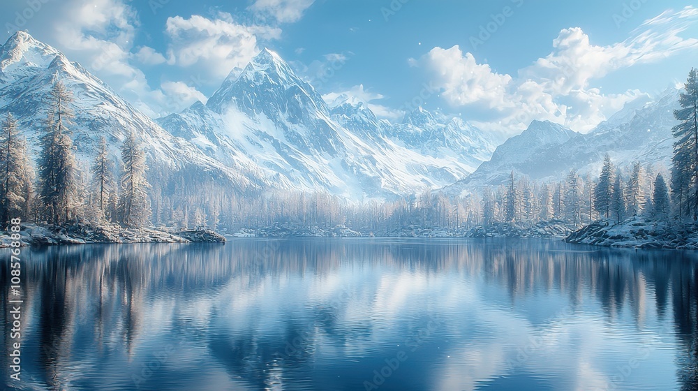 Fototapeta premium Gradient glowing waves ripple across a tranquil alpine lake surrounded by snow-capped peaks. The surreal lighting adds depth and magic to the serene mountain landscape. A peaceful and captivating