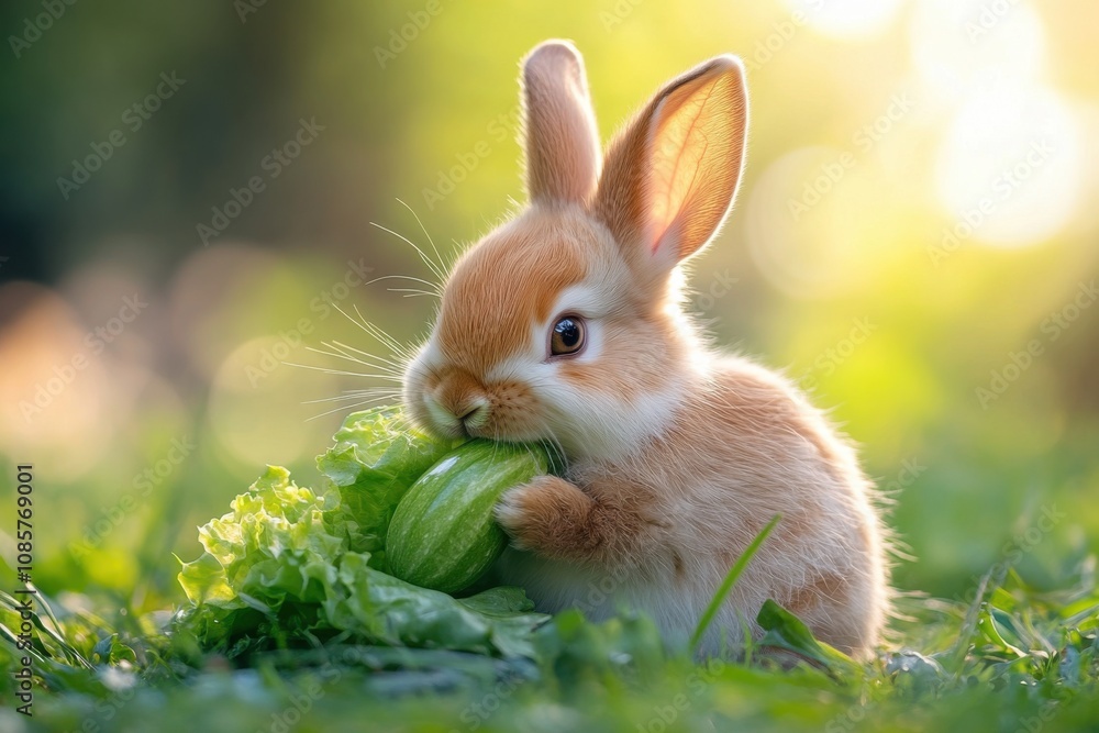 Adorable baby rabbit bunny eating vegetable sitting on green grass spring time over bokeh nature background Adorable baby rabbit bunny eating vegetable sitting on green grass spring time over bokeh nature background