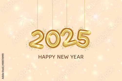 Happy 2025 New Year On Beige Background. Vector Illustration Of New Year's Eve Celebration With Fireworks Concept For Greeting Card, Website, Banner Etc.