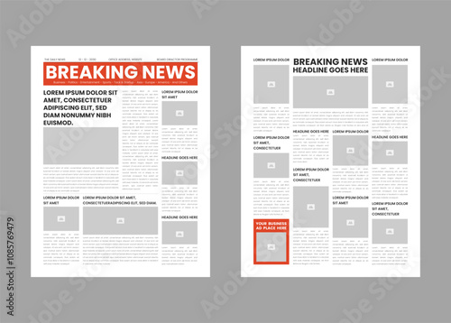 Newspaper design template. The daily newspaper or breaking news with text and picture placeholder editable template.