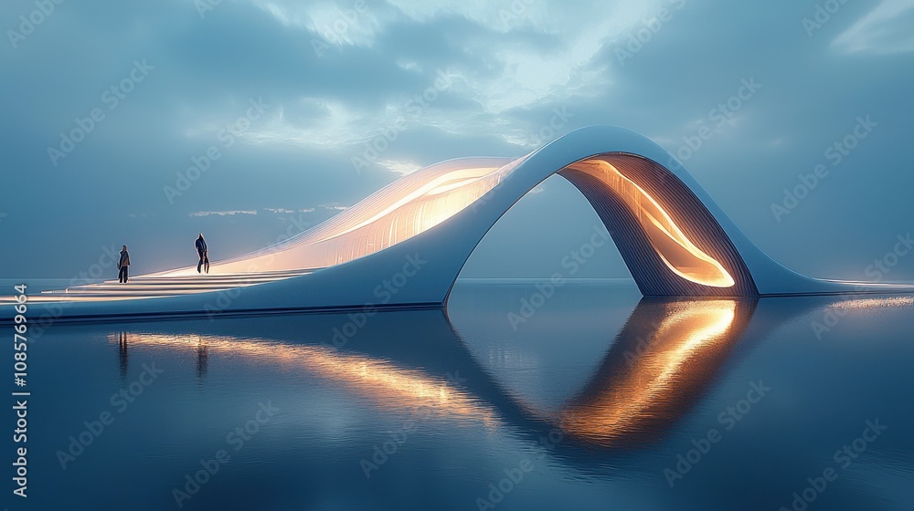 A futuristic bridge glowing with gradient waves of light flowing along its sleek, modern structure. The reflections on the calm water below add depth and vibrancy to the innovative design. A A futuristic bridge glowing with gradient waves of light flowing along its sleek, modern structure. The reflections on the calm water below add depth and vibrancy to the innovative design. A