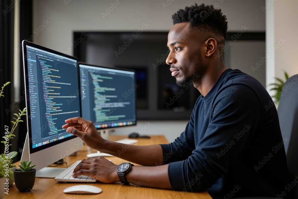Focused programmer working on dual monitors in modern office environment. Focused programmer working on dual monitors in modern office environment.