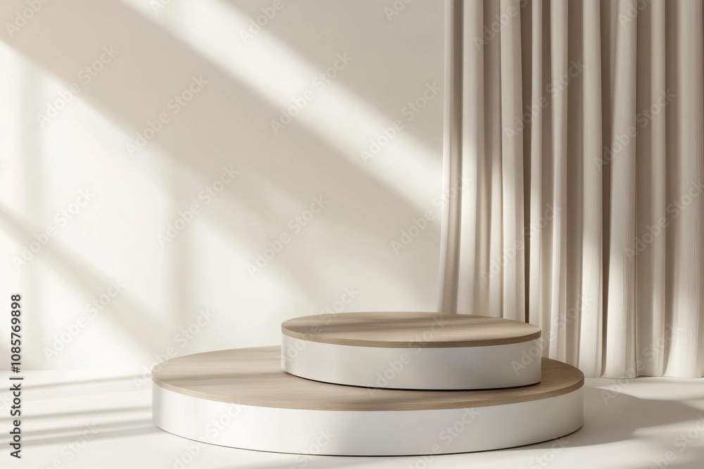 empty asymmetrical multi-level product podium, Scandinavian design flat front view empty asymmetrical multi-level product podium, Scandinavian design flat front view