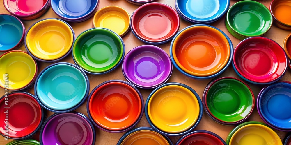 Colorful Bowls Arranged on a Brown Surface, Top View, Overhead, Still Life, Close Up, Colorful Bowls, Arrangement Colorful Bowls Arranged on a Brown Surface, Top View, Overhead, Still Life, Close Up, Colorful Bowls, Arrangement