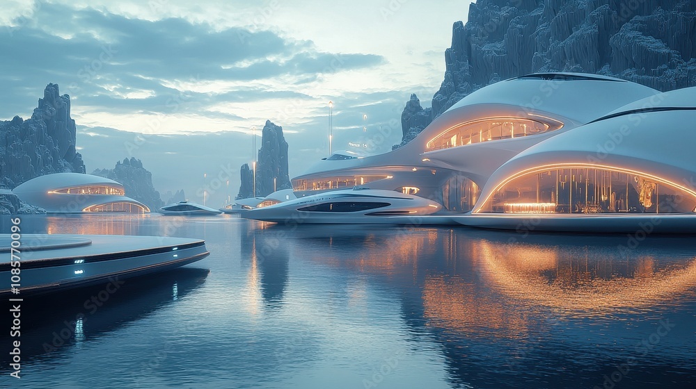 A futuristic harbor glowing with gradient waves of light flowing across its water and sleek autonomous ships. The reflections create a luxurious and industrial ambiance. A cutting-edge coastal A futuristic harbor glowing with gradient waves of light flowing across its water and sleek autonomous ships. The reflections create a luxurious and industrial ambiance. A cutting-edge coastal