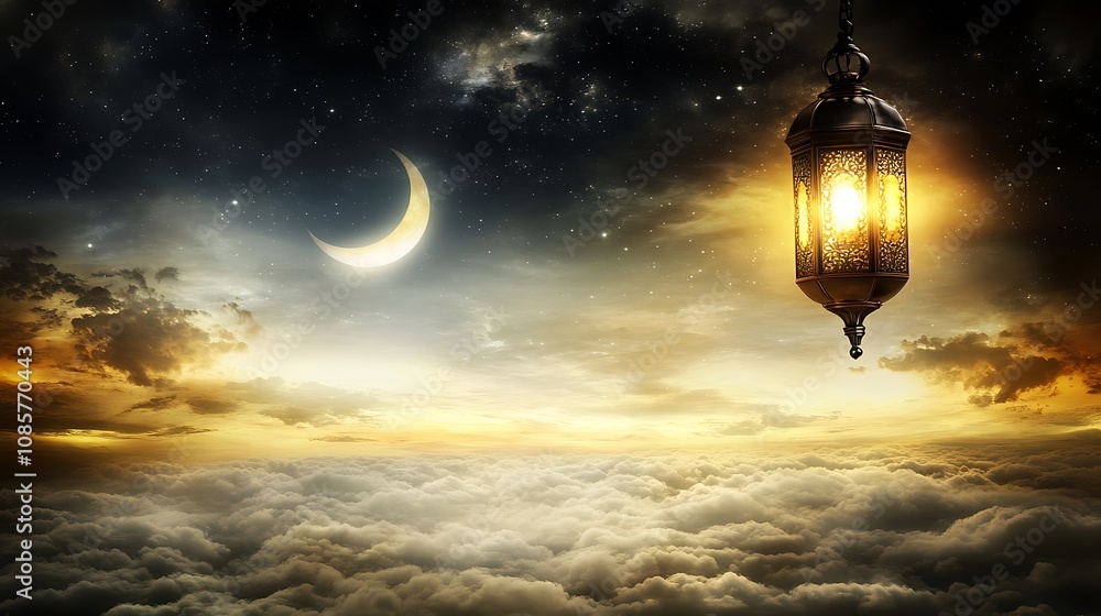 Illuminated Lantern Above Clouds Under Crescent Moon And Stars Illuminated Lantern Above Clouds Under Crescent Moon And Stars