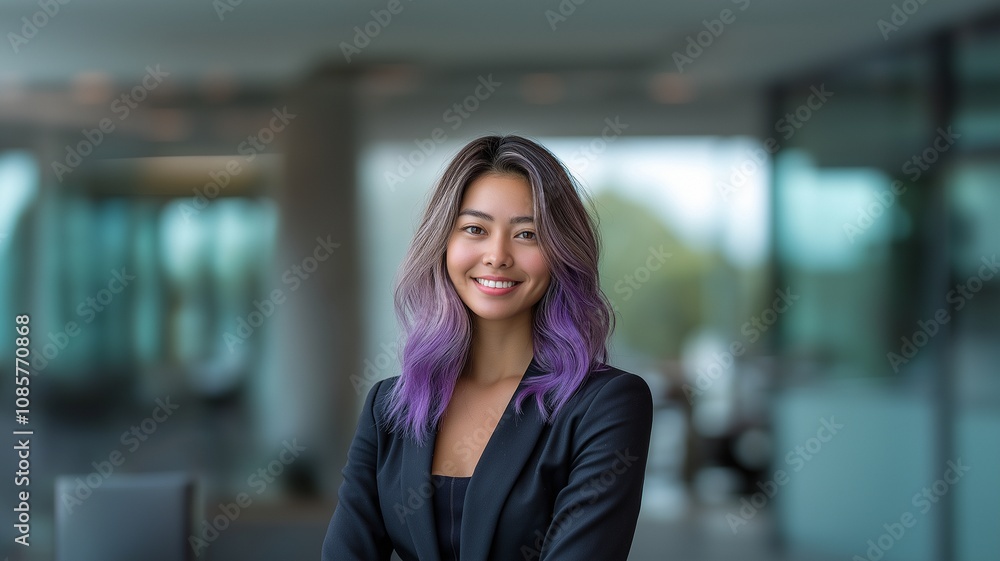 A purple-haired businesswoman in the office, grinning.. A purple-haired businesswoman in the office, grinning..