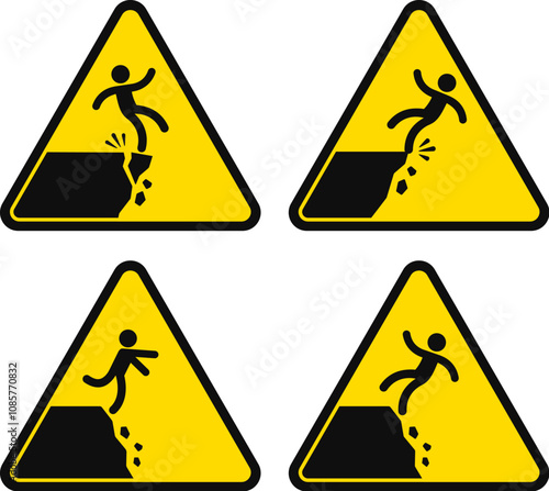 Falling from cliff danger sign set. Yellow triangle shape. Unstable cliff edge, crumbling slope, tripping hazard. Black and white silhouette vector illustration.