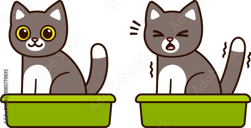 Cute cartoon cat pooping in litterbox. Kitty having pain and trouble urinating, symptom of disease. Cute and funny  drawing, vector illustration.