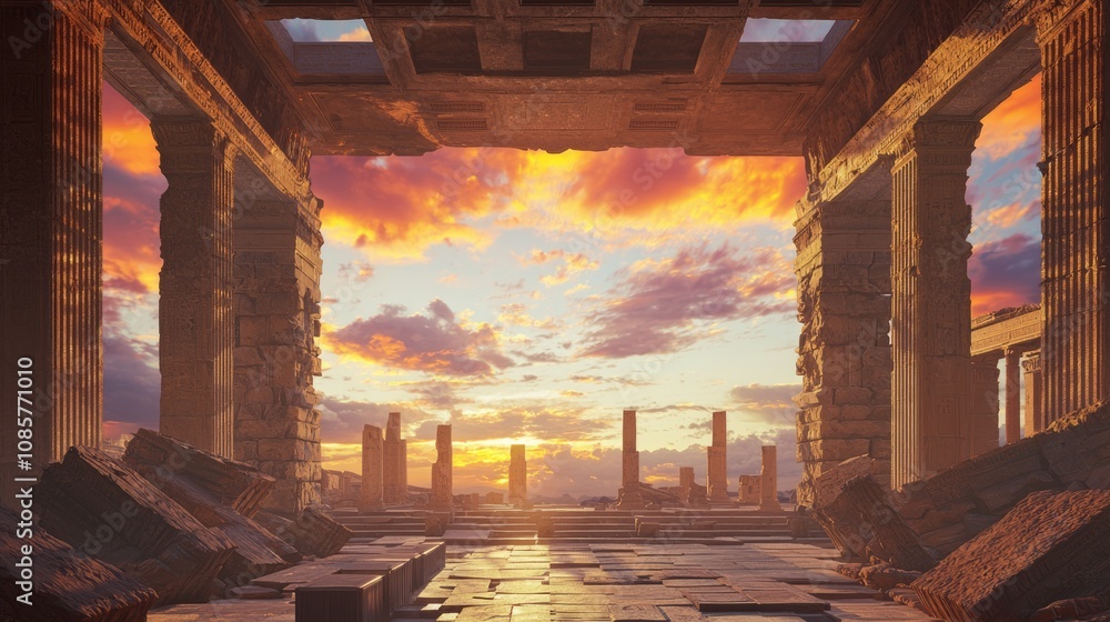 Fototapeta premium Majestic Panoramic View of Ancient Ruins at Fiery Sunset - 3D Render Depicting Rome's Historical Grandeur