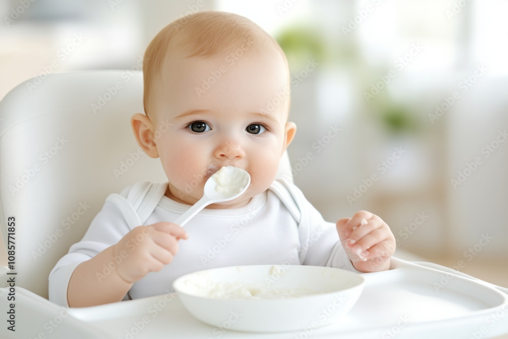 Baby enjoying first independent bite in high chair with natural light in a bright kitchen Baby enjoying first independent bite in high chair with natural light in a bright kitchen