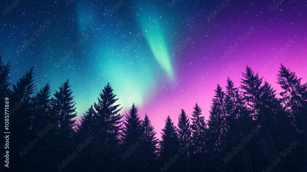 Naklejka premium A stunning night sky features vibrant auroras in shades of green and purple, set against a silhouette of dark evergreen trees.