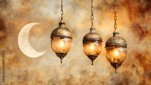 Three Ornate Lanterns Hanging With Crescent Moon