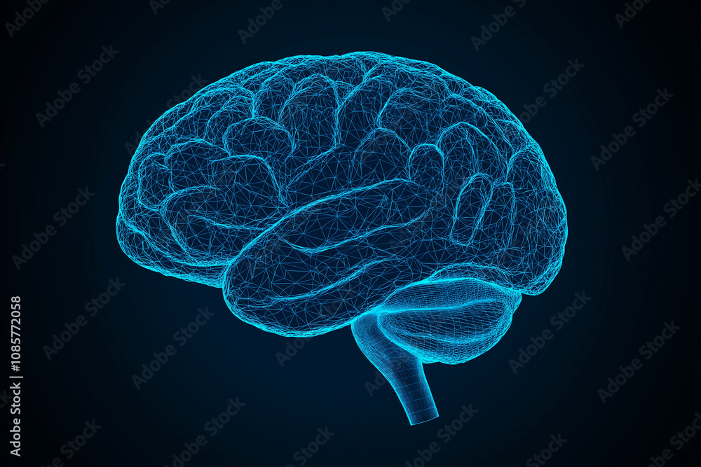 digital representation of brain in wireframe design, showcasing neural connections digital representation of brain in wireframe design, showcasing neural connections