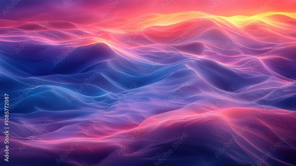 A glowing desert with gradient waves of light weaving through the dunes under a golden sunset. The surreal glow contrasts with the warm, natural hues of the landscape. A magical and otherworldly A glowing desert with gradient waves of light weaving through the dunes under a golden sunset. The surreal glow contrasts with the warm, natural hues of the landscape. A magical and otherworldly