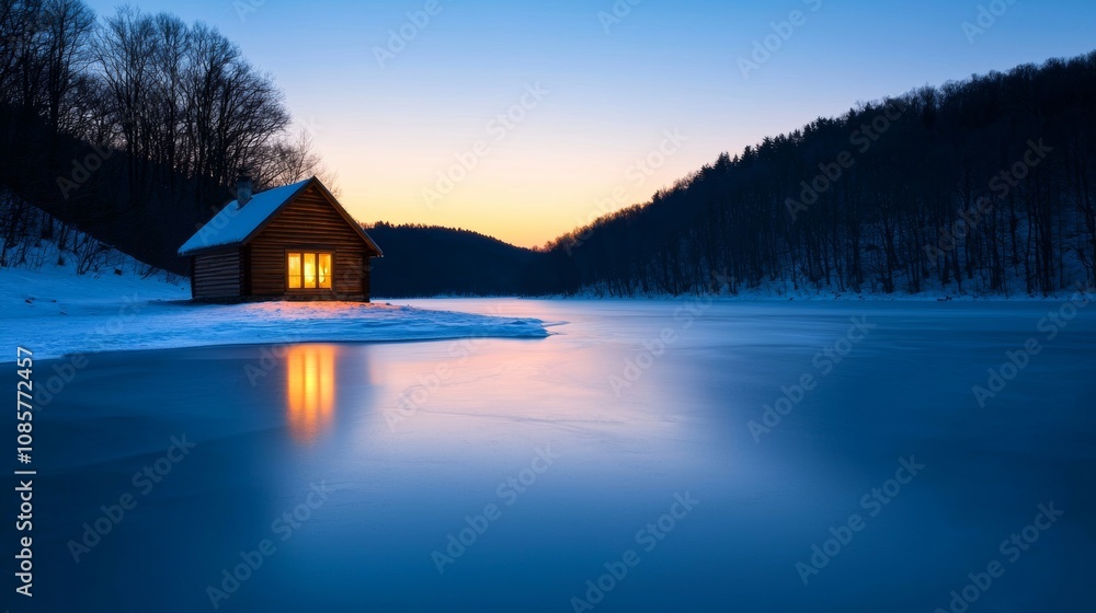Fototapeta premium A serene winter scene featuring a cozy cabin by a frozen lake, illuminated warmly against a twilight sky.