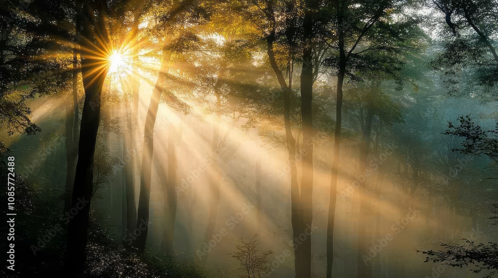 Sun rays breaking through the canopy of a misty forest at sunrise. Sun rays breaking through the canopy of a misty forest at sunrise.