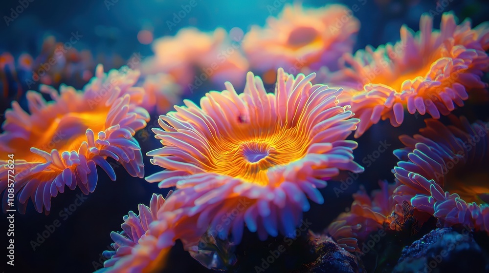 A glowing underwater world where gradient waves of light ripple through colorful coral formations. Bioluminescent creatures add depth and mystery to the surreal aquatic environment. A magical A glowing underwater world where gradient waves of light ripple through colorful coral formations. Bioluminescent creatures add depth and mystery to the surreal aquatic environment. A magical