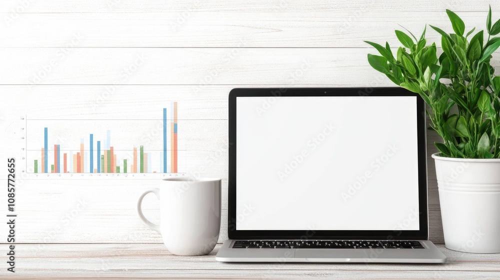 A modern laptop on a wooden table in a conference room with a mug and greenery, symbolizing remote work and business innovation A modern laptop on a wooden table in a conference room with a mug and greenery, symbolizing remote work and business innovation