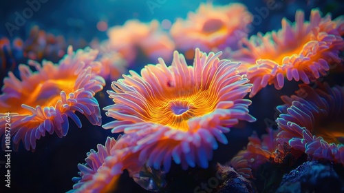 A glowing underwater world where gradient waves of light ripple through colorful coral formations. Bioluminescent creatures add depth and mystery to the surreal aquatic environment. A magical 