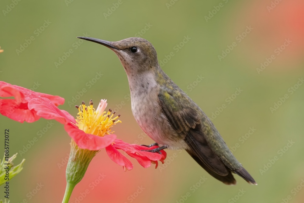 Fototapeta premium Hummingbird perched on vibrant red flower capturing nature's beauty against soft green background.
