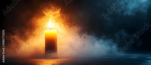 A glowing candle amidst swirling smoke creates a serene atmosphere, symbolizing peace and tranquility.