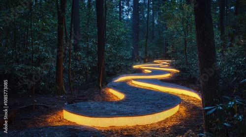 A high-tech forest trail with glowing abstract paths winding through tall trees. Gradient ribbons of light create a mystical and futuristic feel within the natural setting. A unique outdoor 