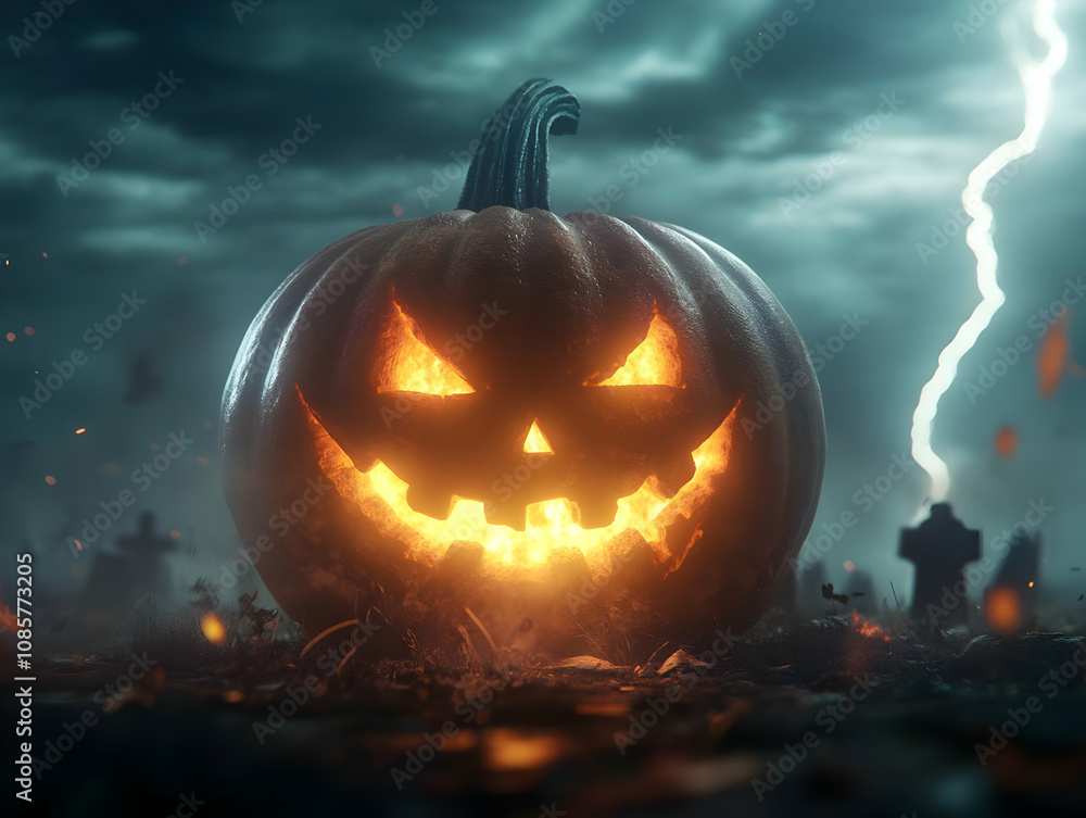 Naklejka premium Eerie Halloween pumpkin glowing with sinister expression in a haunting graveyard setting.