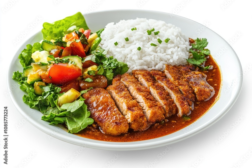 Meat and Rice on White Plate