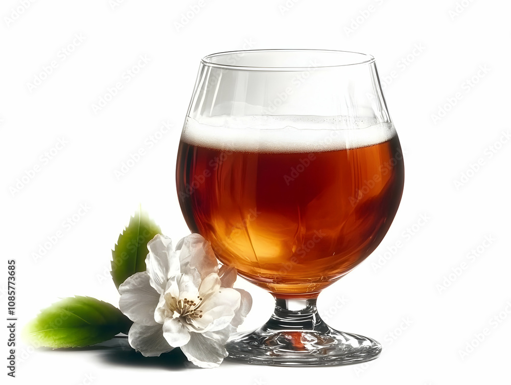 A refreshing glass of amber beer served with a delicate flower, perfect for a relaxing afternoon. A refreshing glass of amber beer served with a delicate flower, perfect for a relaxing afternoon.