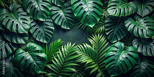 Lush Greenery A Vibrant Display of Tropical Foliage with Deep Green Hues and Textured Leaves