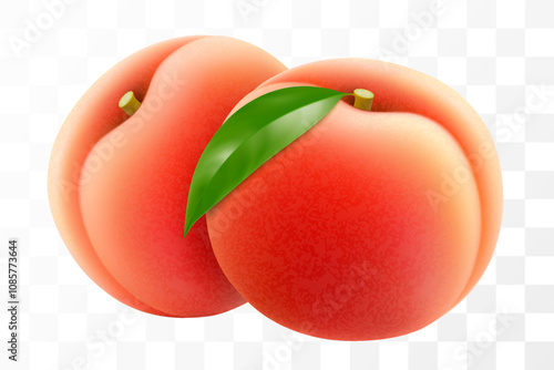 Ripe juicy peaches isolated on transparent background. Delicious sweet fruit. Realistic 3d vector illustration. Summer design. Concept of healthy food, vegetarian dieting