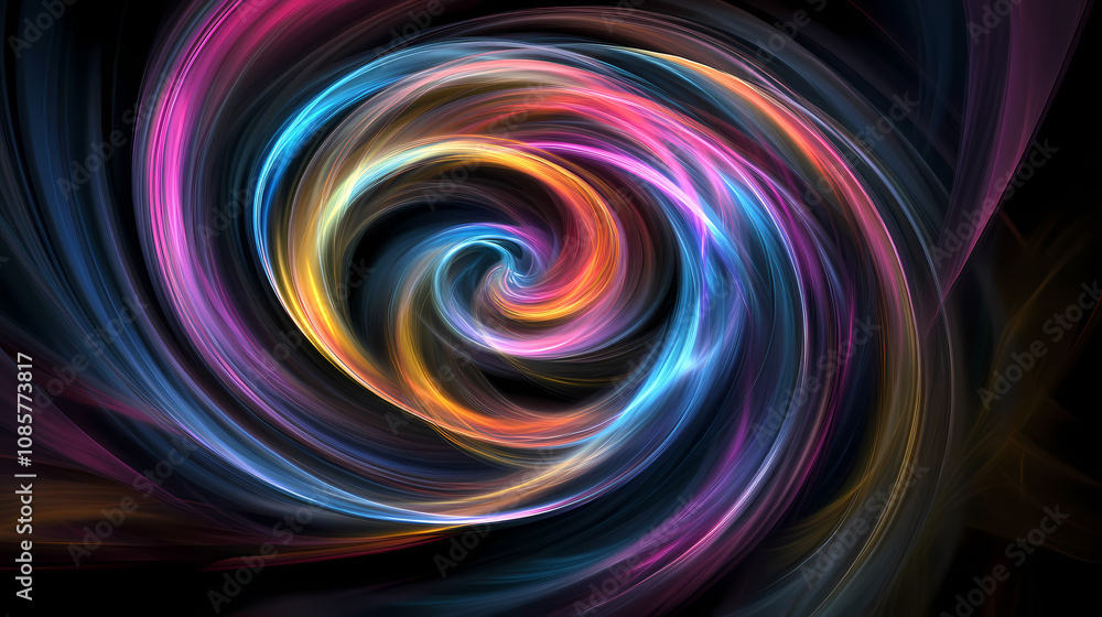Abstract liquid shape twisting in a spiral with iridescent colors on a black background, nobody. Whirl. Illustration Abstract liquid shape twisting in a spiral with iridescent colors on a black background, nobody. Whirl. Illustration