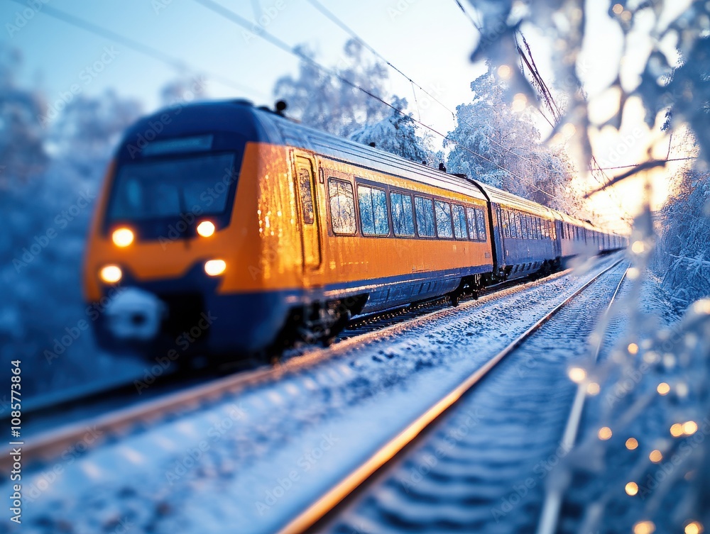 Fototapeta premium A vibrant train travels through a snowy landscape, showcasing the beauty of winter transportation.