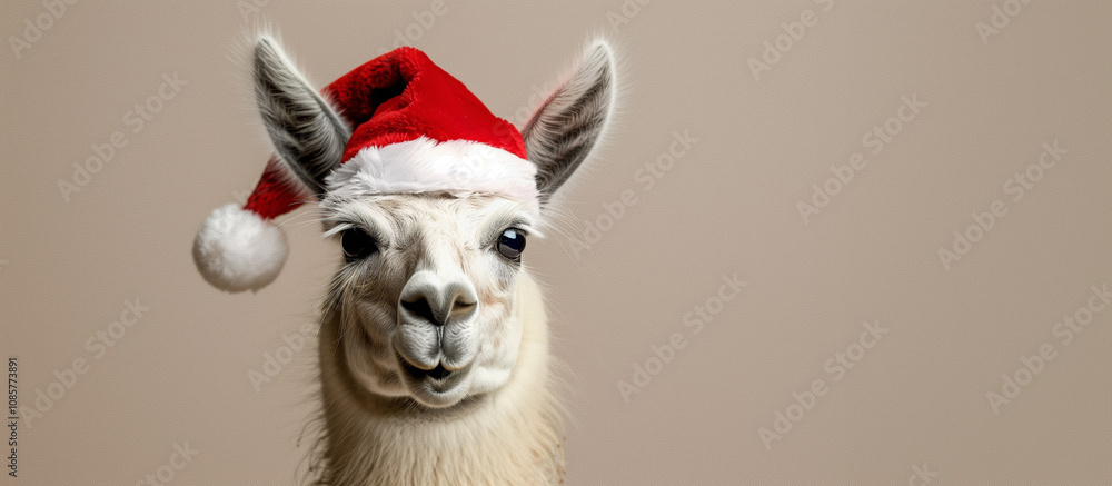 Obraz premium Cute llama in festive santa hat on beige background with empty space, playful holiday banner