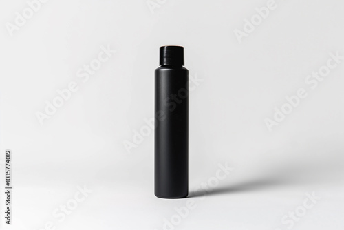 A sleek, cylindrical shampoo bottle with a matte finish, standing upright on a bright white background, with the cap slightly open.