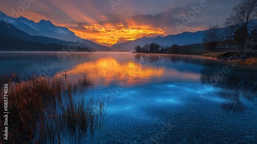 Wallpaper Mural A tranquil alpine lake glowing with gradient waves of light reflecting off its calm surface. The surreal illumination blends seamlessly with the natural beauty of the surrounding peaks. A serene  Torontodigital.ca